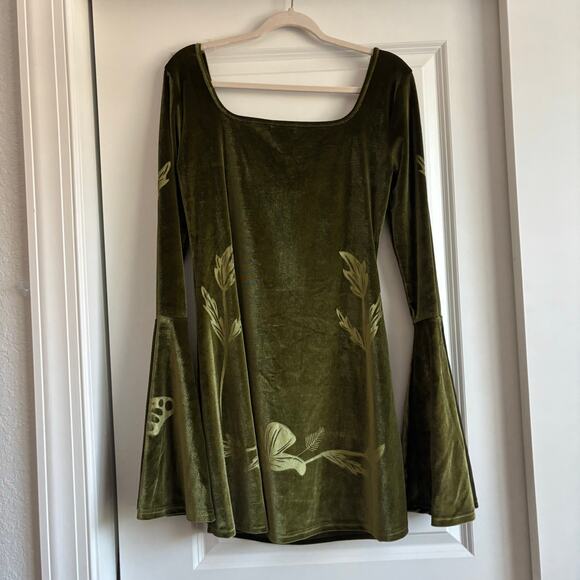 Earthbound Babydoll Velour Bell Sleeve Mini Dress Retro 70s Whimsical Velvet XL - Picture 5 of 10